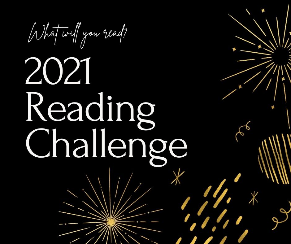 Black block with gold line art fireworks in lower right corner. text reads 'what will you read? 2021 reading challenge