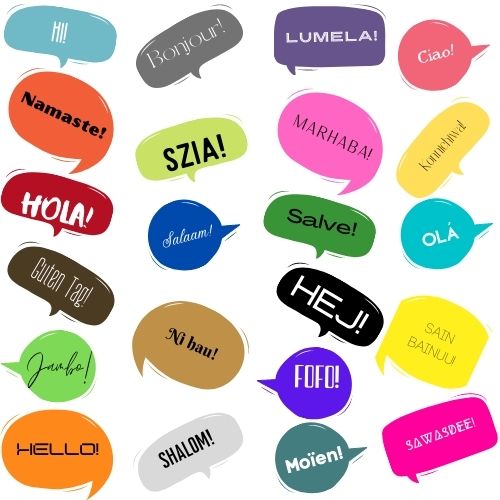 Image of a bunch of different colored speech bubble haphazardly scattered on a white backdrop with different greetings in different languages