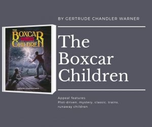 Click here for Boxcar Children Readalikes; Image description: shows a cover of the first boxcar children book. text reads by gertrude chandler warner. the boxcar children. appeal features: plot-driven, mystery, classic, trains, runaway children