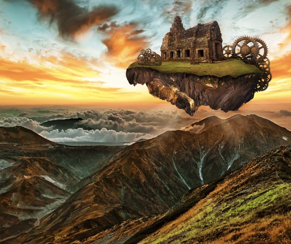 image of a castle with a steampunk looking water wheel off the backside flying on a chunk of green mountain. beneath the flying house a beautiful mountain valley reflects the setting sun