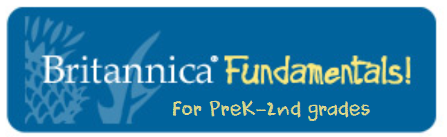 Britannica thistle flower logo on blue background. Text reads Britannica Fundamentals for PreK-2 grades