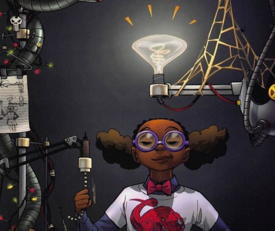 image of moon girl from moon girl and devil dinosaur comic - she is a young black girl with puffy pony tails in a very high tech science lab. she's got a lit light bulb above her head and purple glasses on. she's the best - you should read these booke.
