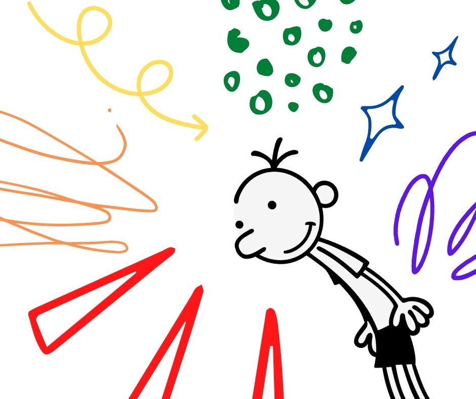 image of greg from jeff kinney's diary of a wimpy kid surrounded by squiggle lines and doodles in rainbow hues