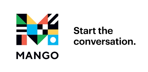 Image of a capitalized M with different patterns and color blocks on it. text reads Mango: Start the conversation