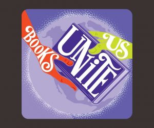 a read hand holds the spine of a purple book that a green hand is gripping. image is trasposed over a light purple image of the globe with north america facing out. Text reads 'books unite us'
