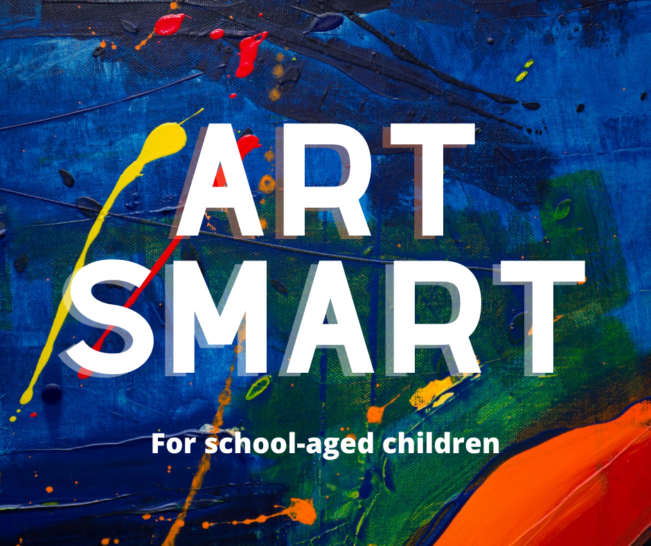 text reads art smart for school-aged children on a abstractly painted background