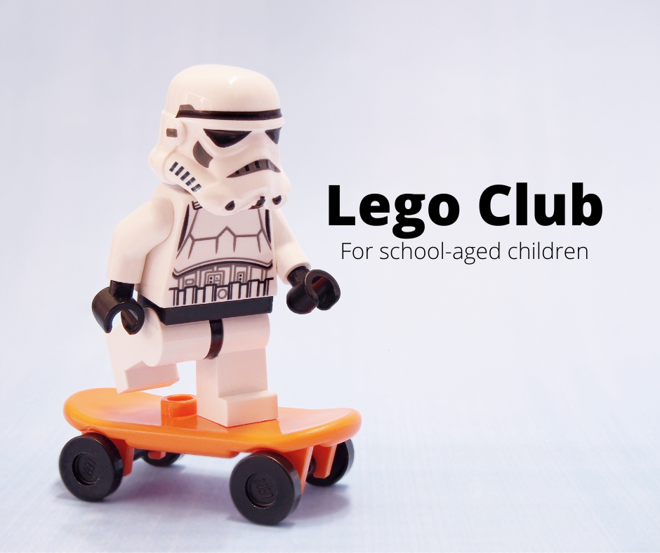 Image of a lego storm trooper on a lego skateboard text reads lego club for school-aged children