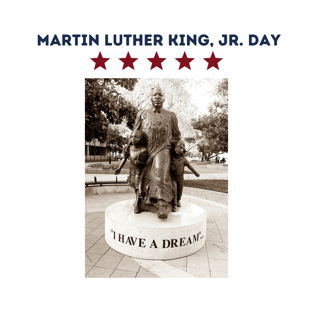 image of martin luther king jr statue which says "have a dream" text reads martin luther king jr. day library closed to public