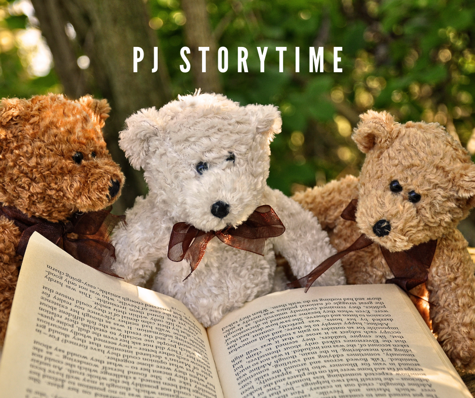 image of three teddy bears reading text says pj storytime