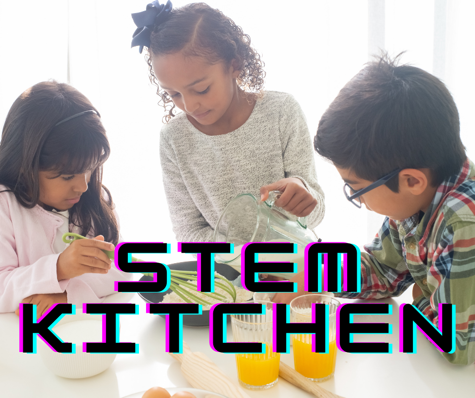 image of three children cooking over text that reads stem kitchen