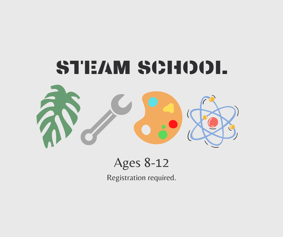 Image text reads steam school ages 8-12 registration required