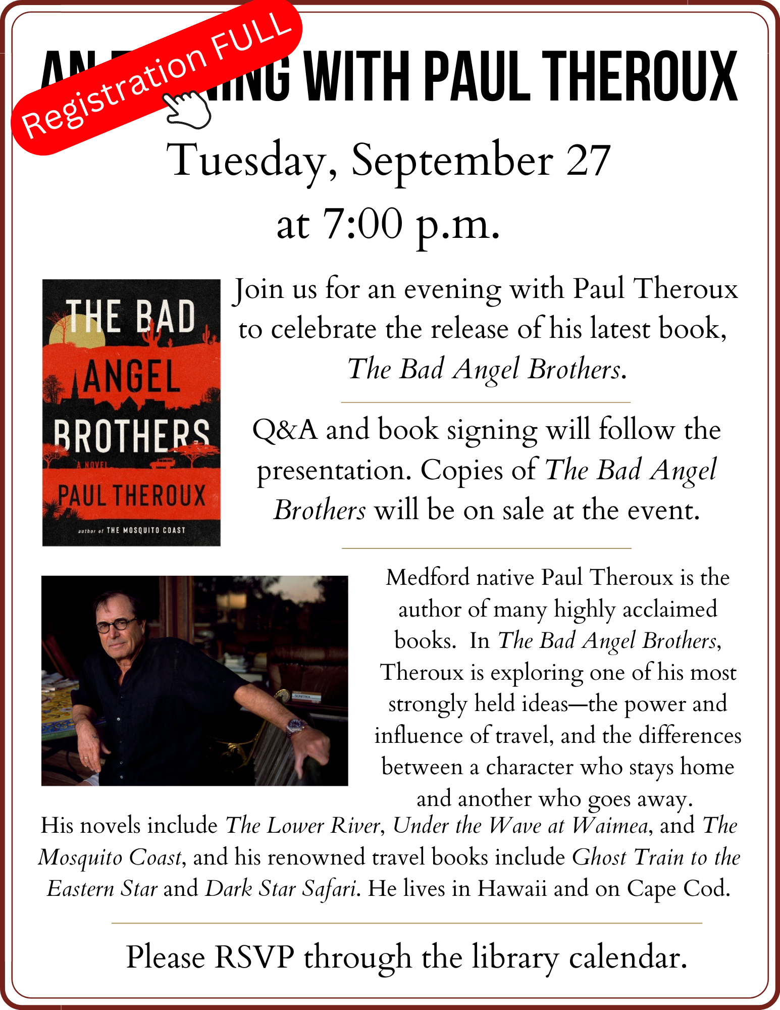 Evening with Paul Theroux program flier with caption reading 'registration is full'