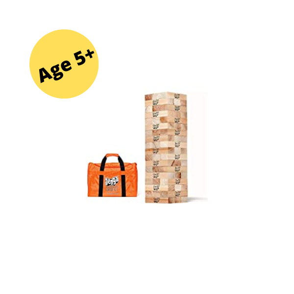 image of a jenga tower next to an orange bag text reads ages 5+