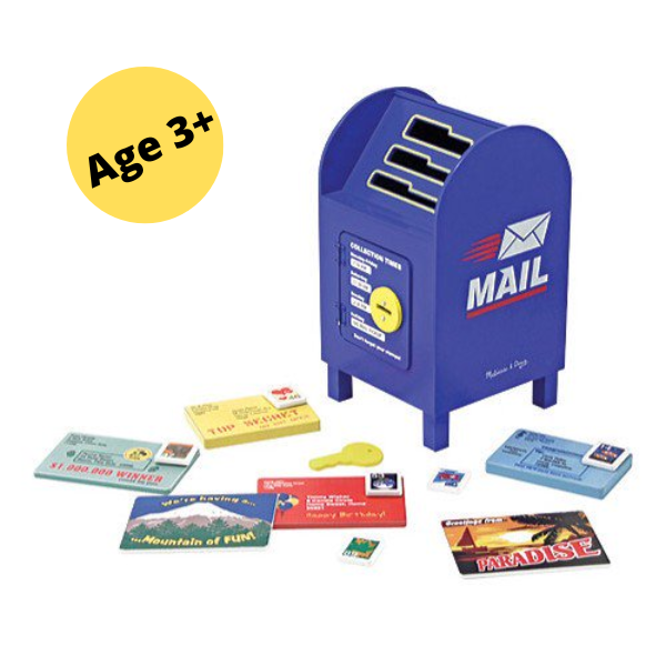 image of melissa and doug play mailbox and wooden envelopes text reads ages 3+