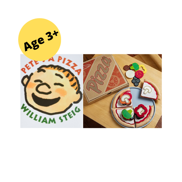 image of the cover of pete's a pizza book and felt pizza toy kit text reads ages 3+