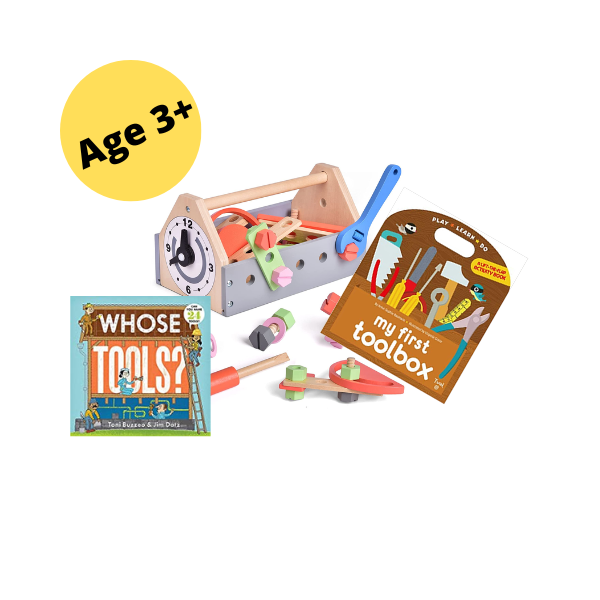 image of wooden play tool set and 2 books text reads ages 3+