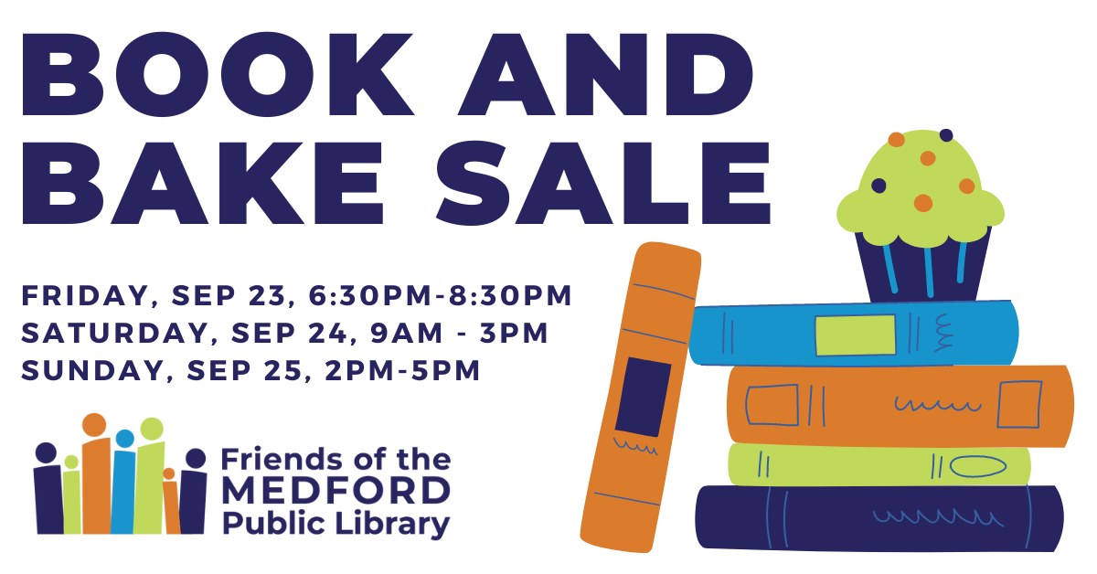 text reads book and bake sale friday 9/23 6:30-8:30, saturday 9/24 9-3, sudnay 9/25 2-5