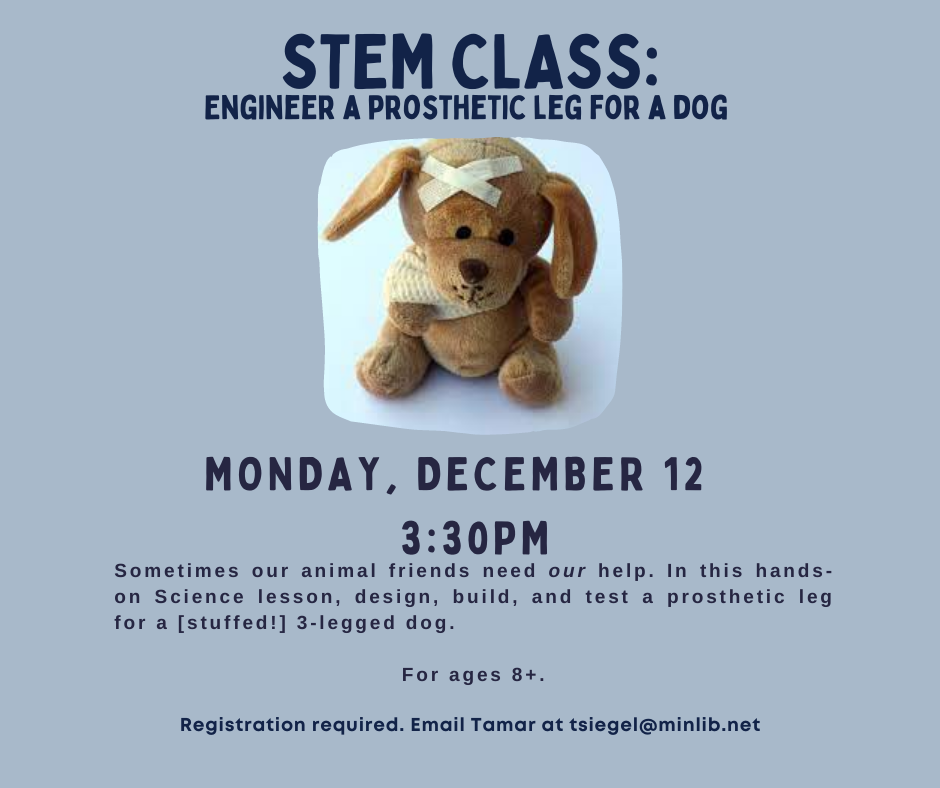 Sometimes our animal friends need our help. In this hands-on Science lesson, design, build, and test a prosthetic leg for a [stuffed!] 3-legged dog. Registration is required. Email Tamar at tsiegel@minlib.net