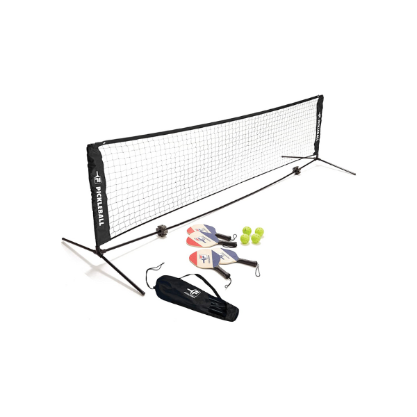 image of pickleball set with balls, raquets, bag, and net