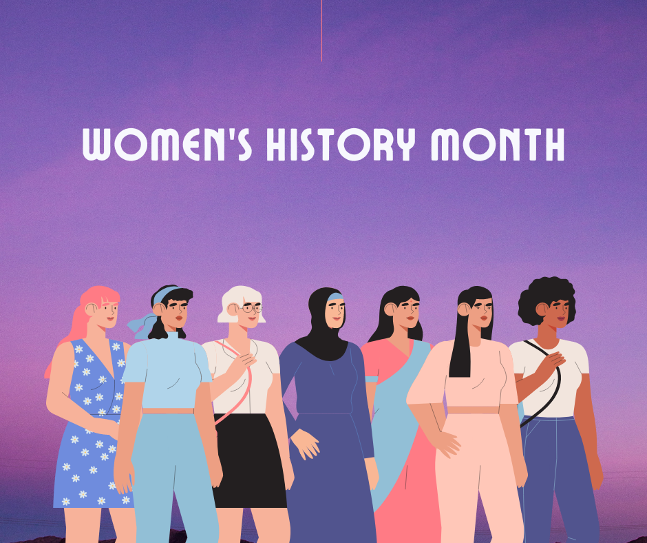 image of 7 women with text that reads women's history month