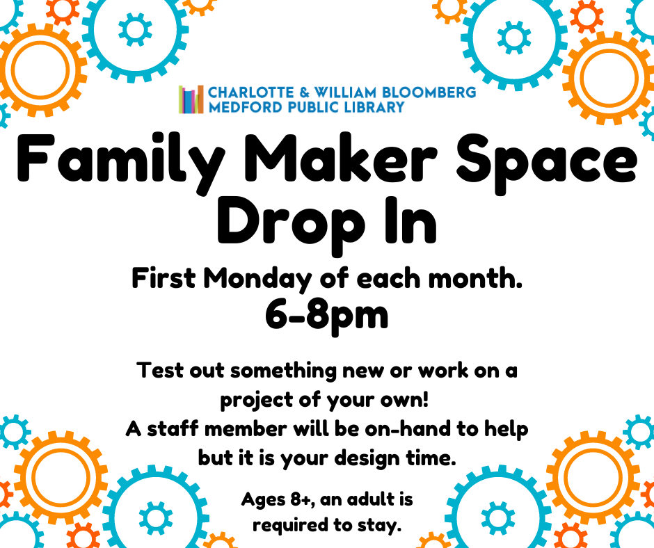 Family Maker Space Drop In. 6-8pm on the first Monday of each month. Test out something new or work on a project of your own! A staff member will be on-hand to help but it is your design time. Ages 8+ but an adult is required to stay.