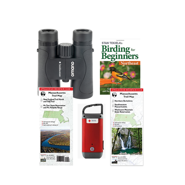 image of birdwatching kit components (map, binoculars)