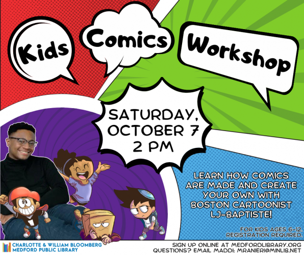 Flyer for Kids Comics Workshop with LJ-Baptiste on Saturday, October 7 at 2 pm. For kids ages 6-12, registration required.