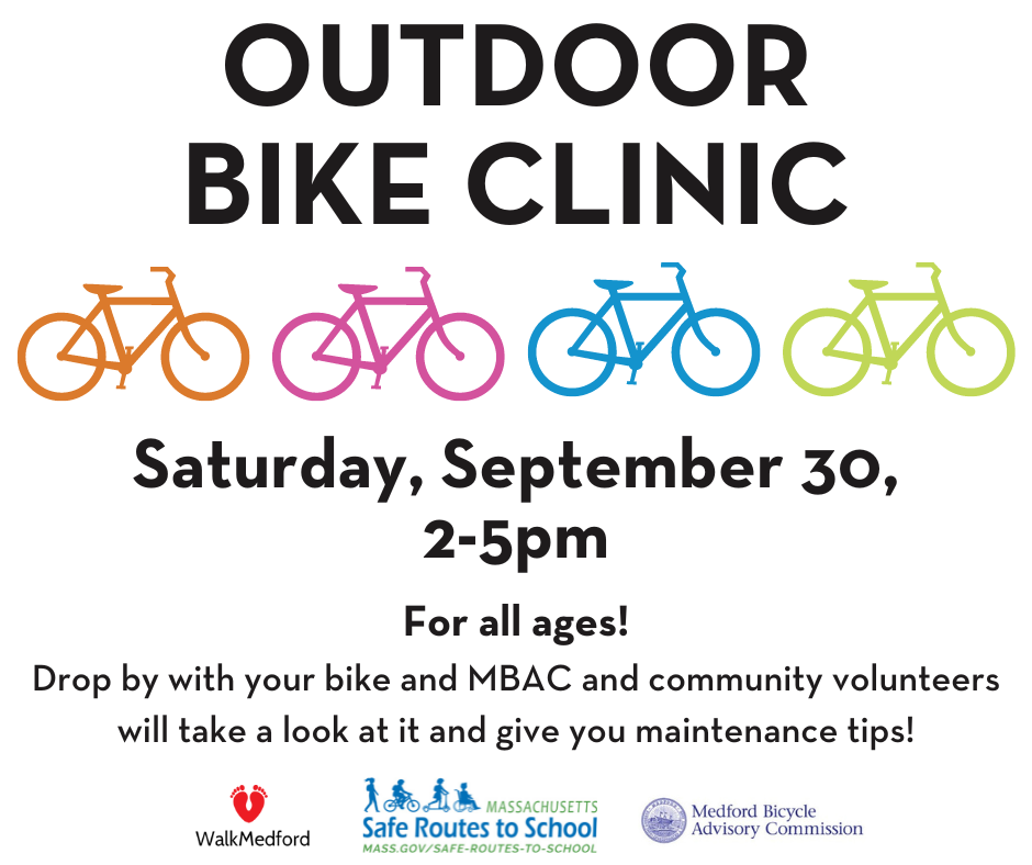 Flyer for Outdoor Bike Clinic - Saturday, September 30, from 2-5pm. Drop by with your bike and MBAC and community volunteers will take a look at it and give you maintenance tips!