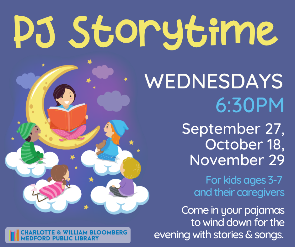 Flyer for PJ Storytime on the last Wednesday of the month at 6:30 pm. For kids ages 3-7.