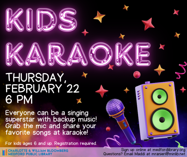 Flyer for Kids Karaoke on Thursday, Feb. 22, 2024 at 6 pm, for kids ages 6-12. Registration required.