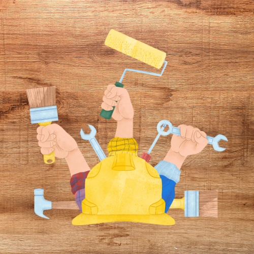 image of construction hat with hands and tools coming out the top, background is wood