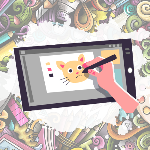 Image of a hand drawing a cat on an iPad