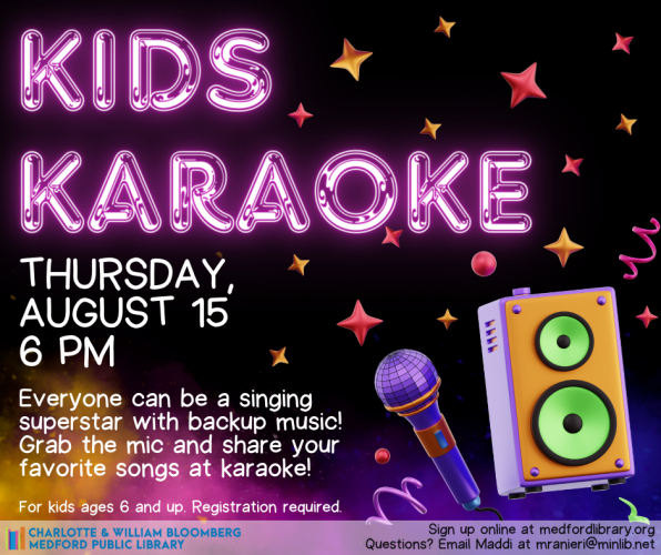 Flyer for Kids Karaoke on Thursday, August 15, at 6:00 pm for kids ages 6-12. Registration required.