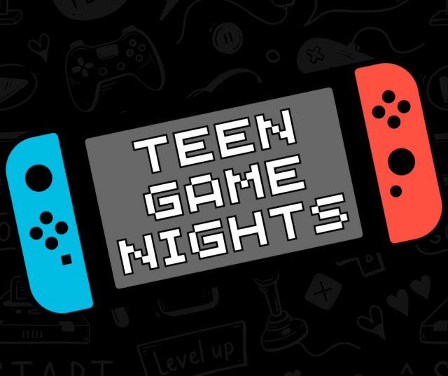 Teen Game Nights text on Nintendo Switch background