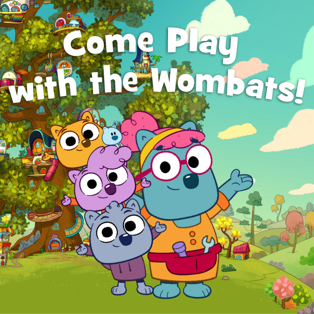 Graphic for Playtime with the Wombats, featuring 4 characters from the PBS kids show Work it Out Wombats and the text "Come Play with the Wombats"