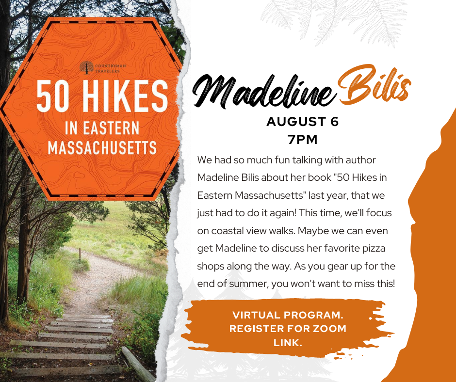 virtual program 50 hikes in Massachusetts register for zoom link or call Medford Library at 781-395-7950 for help with registration