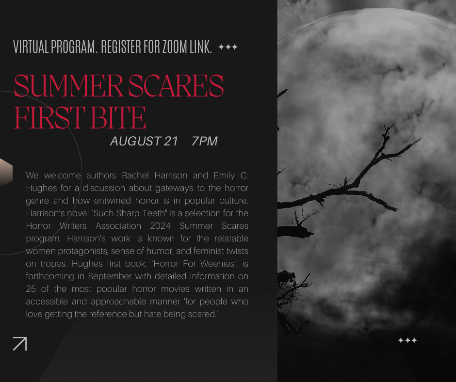First Bite: Summer Scare author talk program. Register for zoom link. Call 781-395-7950 for help with registration.