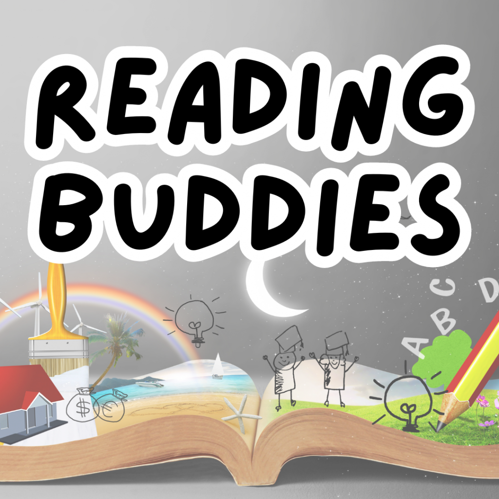 Reading Buddies volunteer graphic. An open book with doodles rising out of the pages.