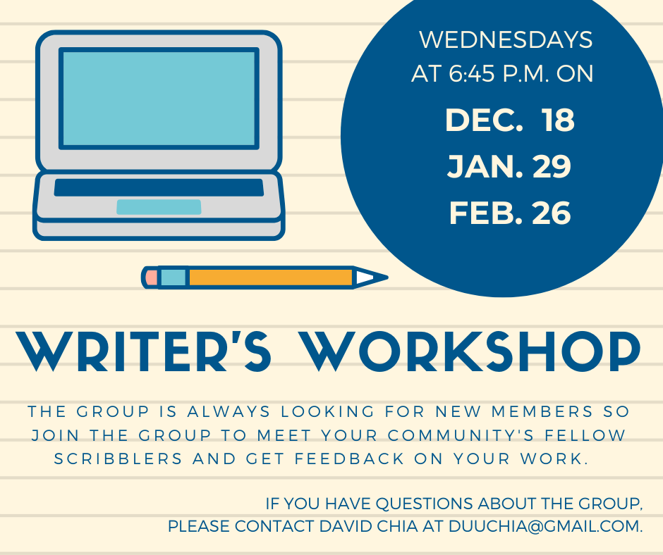 image of writer's workshop flyer for dec. 18, jan. 29, and feb. 26. program runs from 6:45-8:30pm.