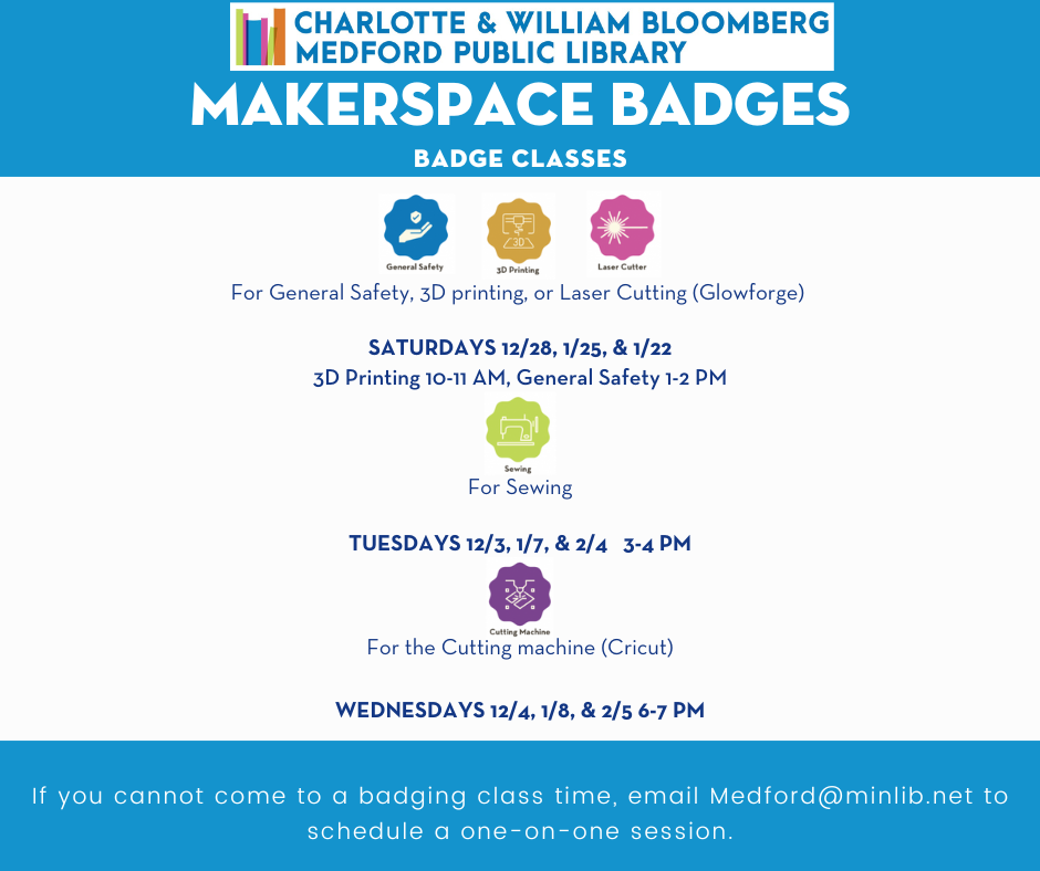 Join us for makerspace badging classes in general safety, 3D Printing, Laser Cutting and Sewing through the winter.