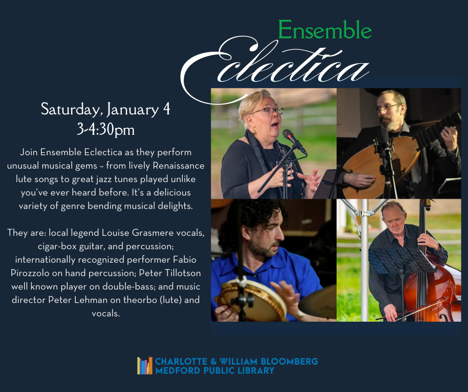 Join Ensemble Eclectica as they perform unusual musical gems – from lively Renaissance lute songs to great jazz tunes played unlike you’ve ever heard before. It’s a delicious variety of genre bending musical delights. They are: local legend Louise Grasmere vocals, cigar-box guitar, and percussion; internationally recognized performer Fabio Pirozzolo on hand percussion; Peter Tillotson well known player on double-bass; and music director Peter Lehman on theorbo (lute) and vocals. Registration required and opens December 1st. 