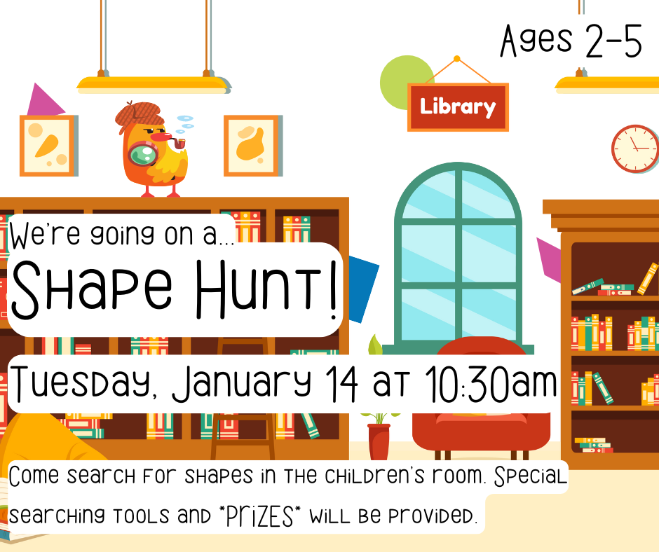 Flyer for the Shape Hunt on Tuesday, January 14 at 10:30am