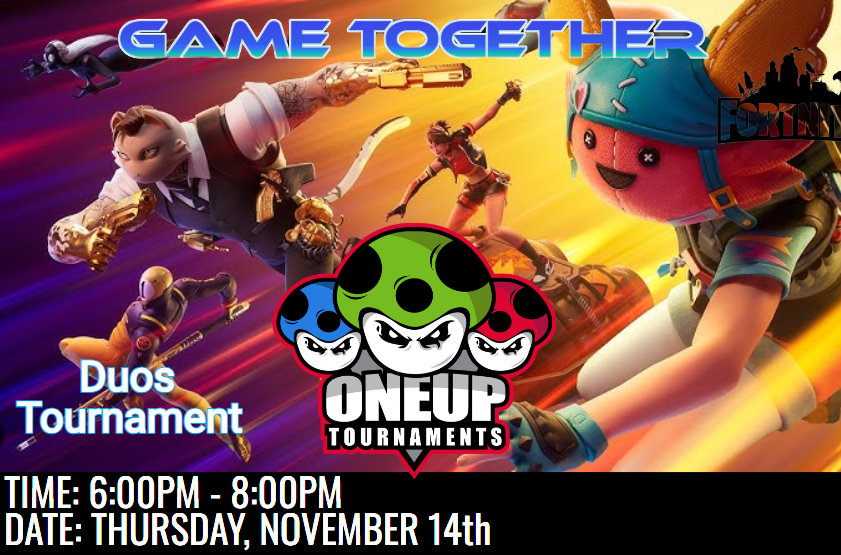 Flyer for virtual Game Together Event for teens on Thursday, November 14th, 6-8pm. Sign up required!