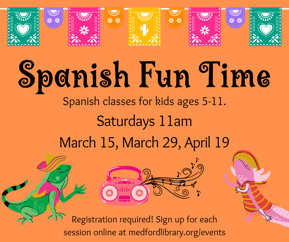 Spanish Lessons: free Spanish classes for kids 1-4. Saturday mornings 11-11:45am: March 15, March 29, April 19. Registration required!