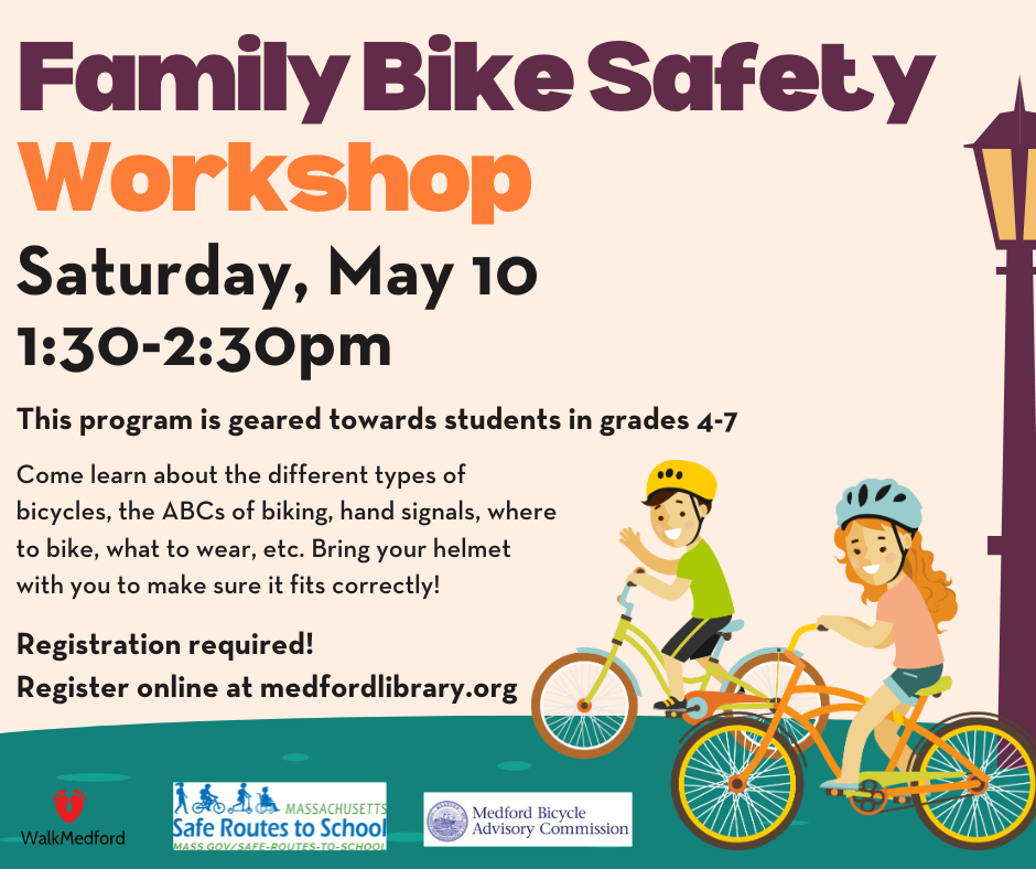 Come learn about the different types of bicycles, the ABCs of biking, hand signals, where to bike, what to wear, etc. Bring your helmet with you to make sure it fits correctly! Registration required. This program is geared towards students in grades 4-7