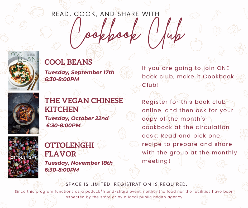 Cookbook Club. If you would like to register, please call 781-395-7950.