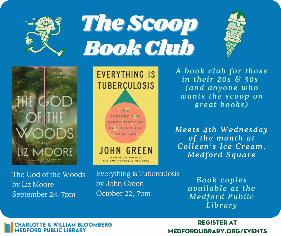 The Scoop Book Club. 4th Wednesday of the month at 7pm at Colleen's Ice Cream. If you would like to register, please call 781-395-7950.