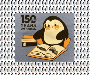 image text reads 150 years on high street with a penguin reading a book