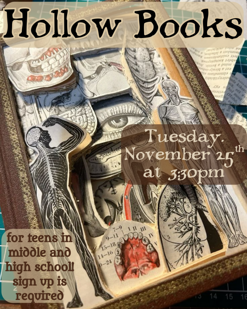 Flyer for Hollow Books for teens in middle school and high school on Tuesday, November 25, at 3:30pm. Sign up required