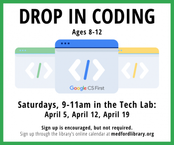 Flyer for April Drop In Coding ages 8-12